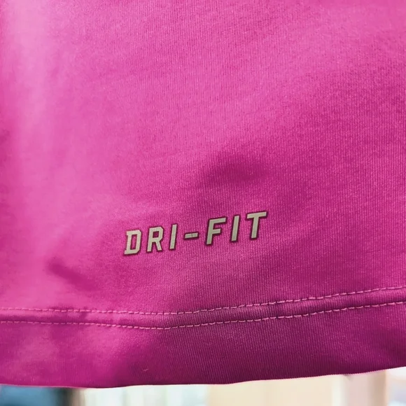 NIKE PRO DRI-FIT MEDIUM FITTED TOP WORKOUT DARK PINK WITH BLUE SWOOSH & NECKLINE - Picture 6 of 6